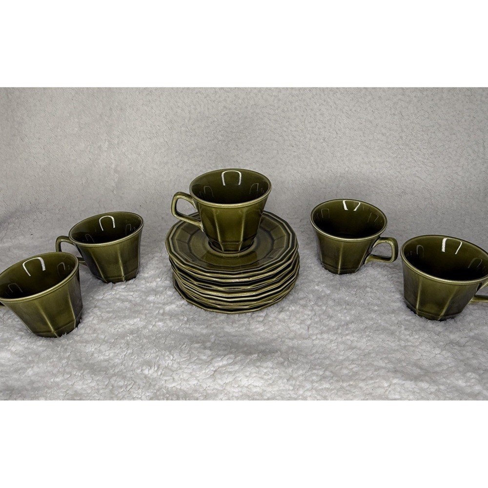 VTG Homer Laughlin Bravado Dark Green Dover Ironstone Coffee Cups & Saucer Plate